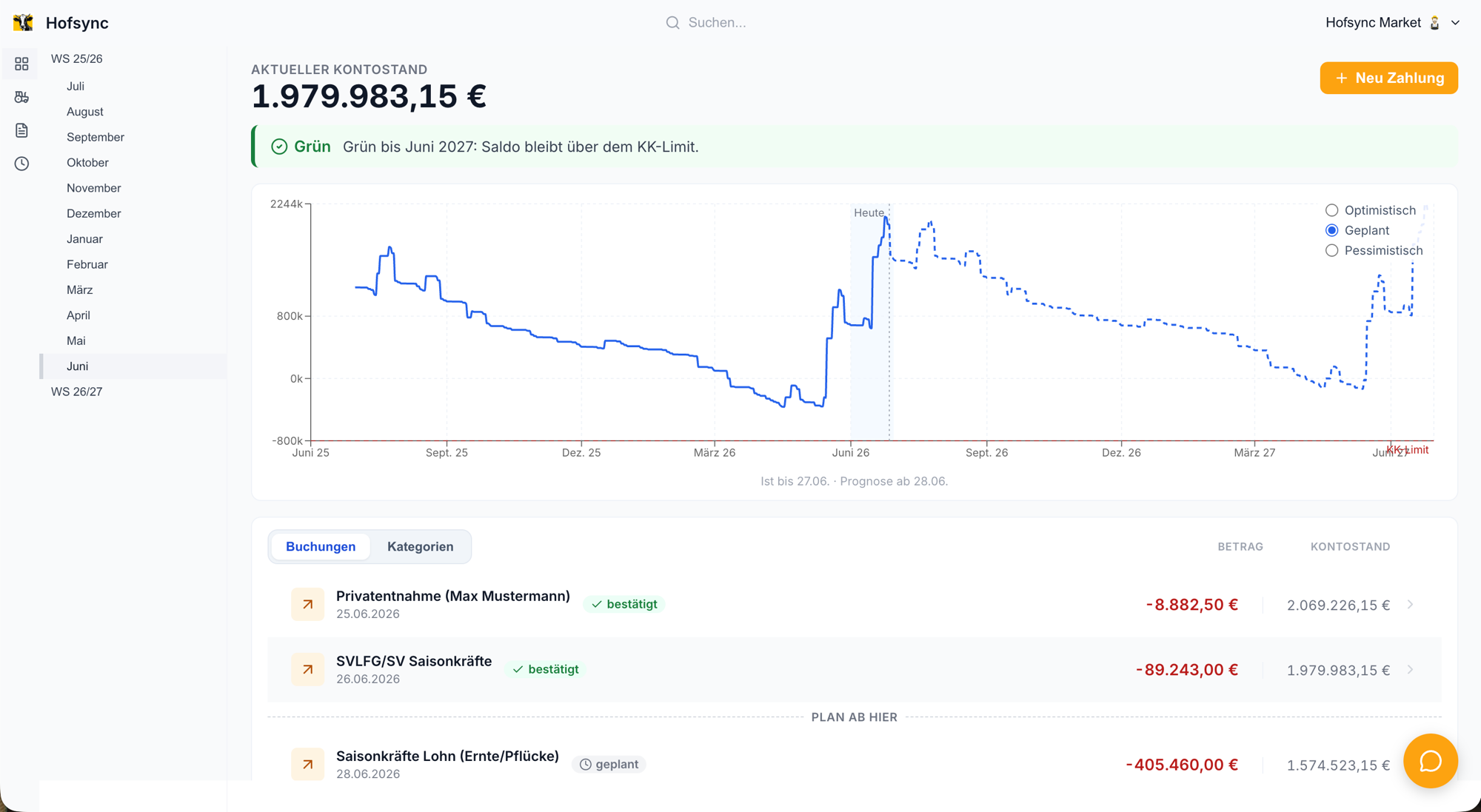 Screenshot der Liquiditätsplanung in Hofsync mit Kontostand, Liquiditätsprognose und geplanten Buchungen